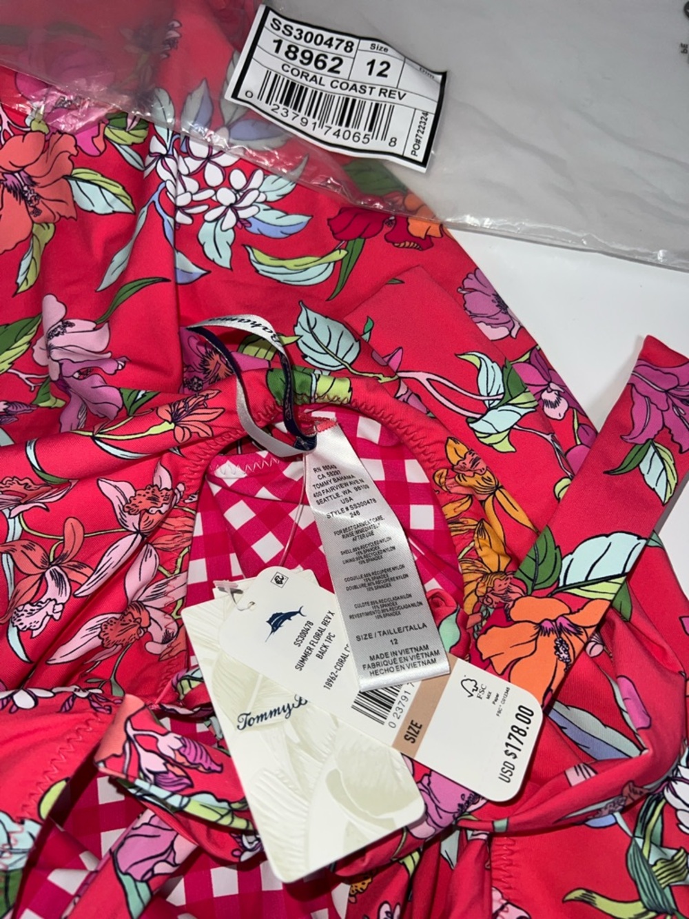 💖NWT TOMMY BAHAMA SUMMER FLORAL REVERSIBLE CROSS BACK ONE PIECE SWIMSUIT SIZE 12 - Picture 15 of 15